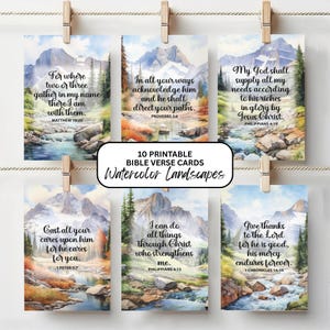Watercolor Mountain Bible Verse Cards: Faith Affirmations Gift (PDF), Nature Landscapes Digital Download