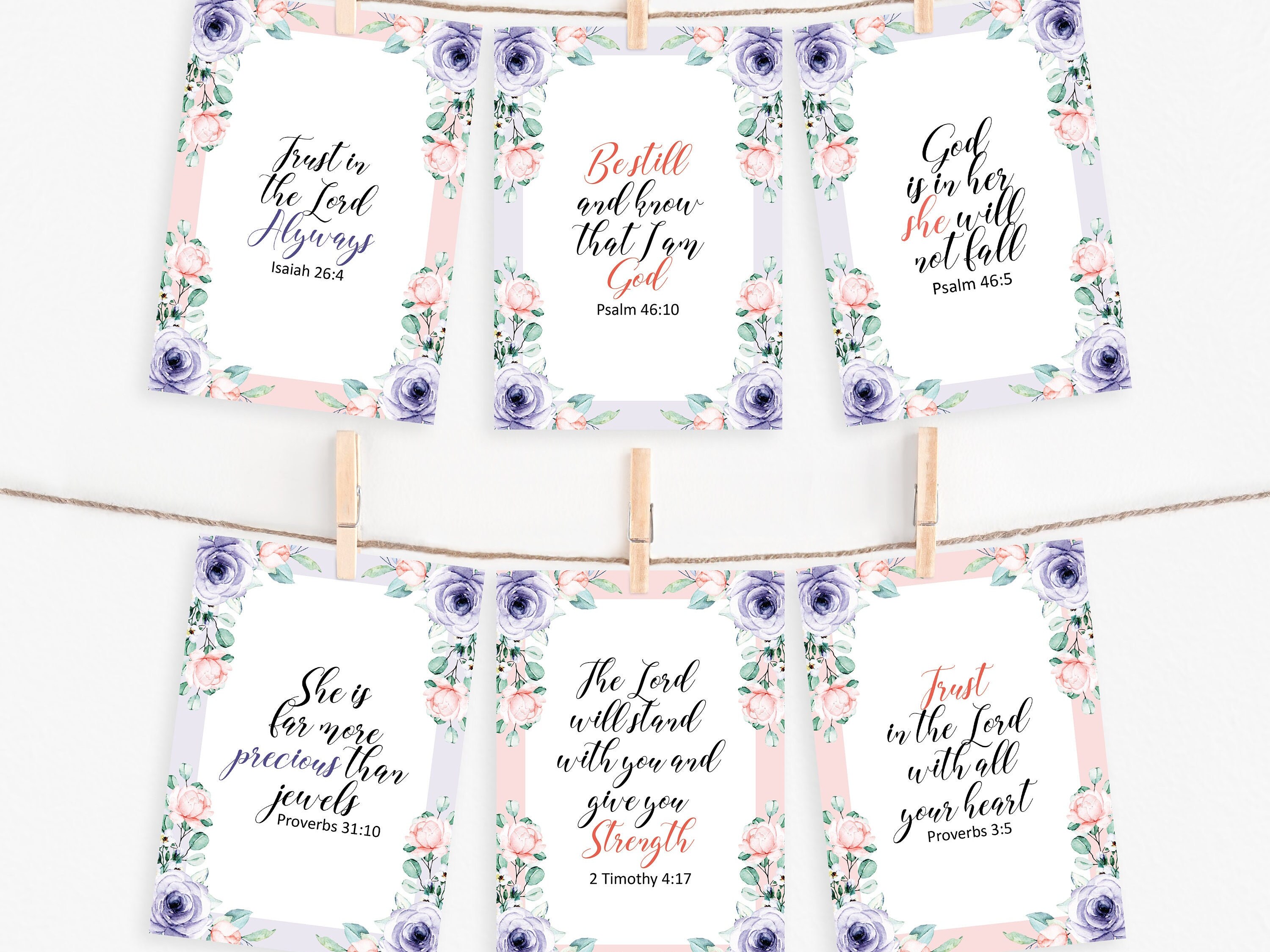 6 Printable Scripture Cards, Bible Verse Note Cards Floral Watercolor ...