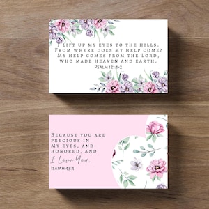60 Bible Verse Cards Business Card Sized, Watercolor Pink & Purple Floral Scripture Cards Bundle