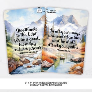 Bijbelvers affirmaties Art Print minikaarten, geloof geïnspireerd aquarel natuur bijbelverzen cadeau voor gelovigen, berglandschap scène