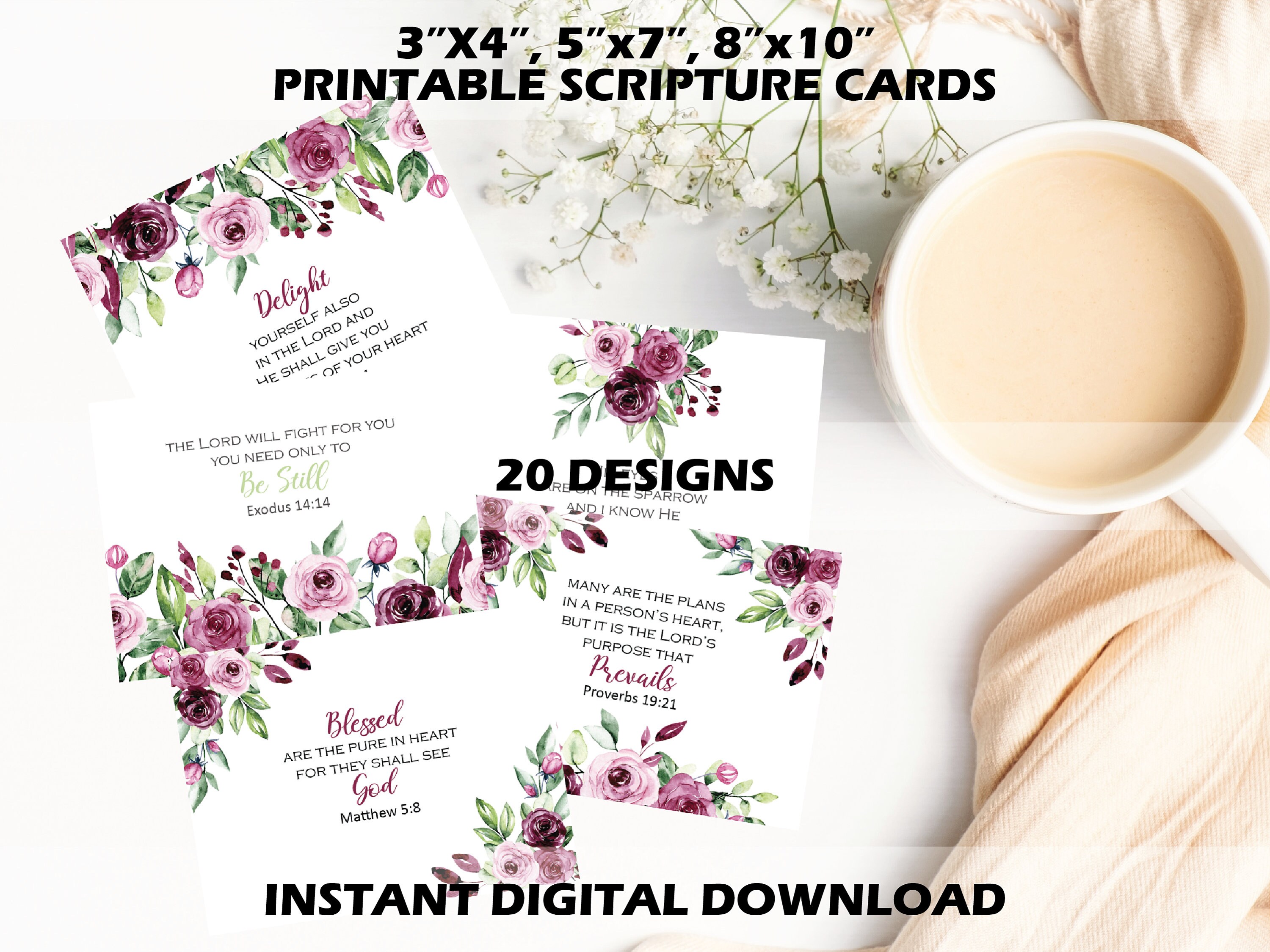 Printable Scripture Cards, Burgundy Watercolor Bible Verse Card Set ...