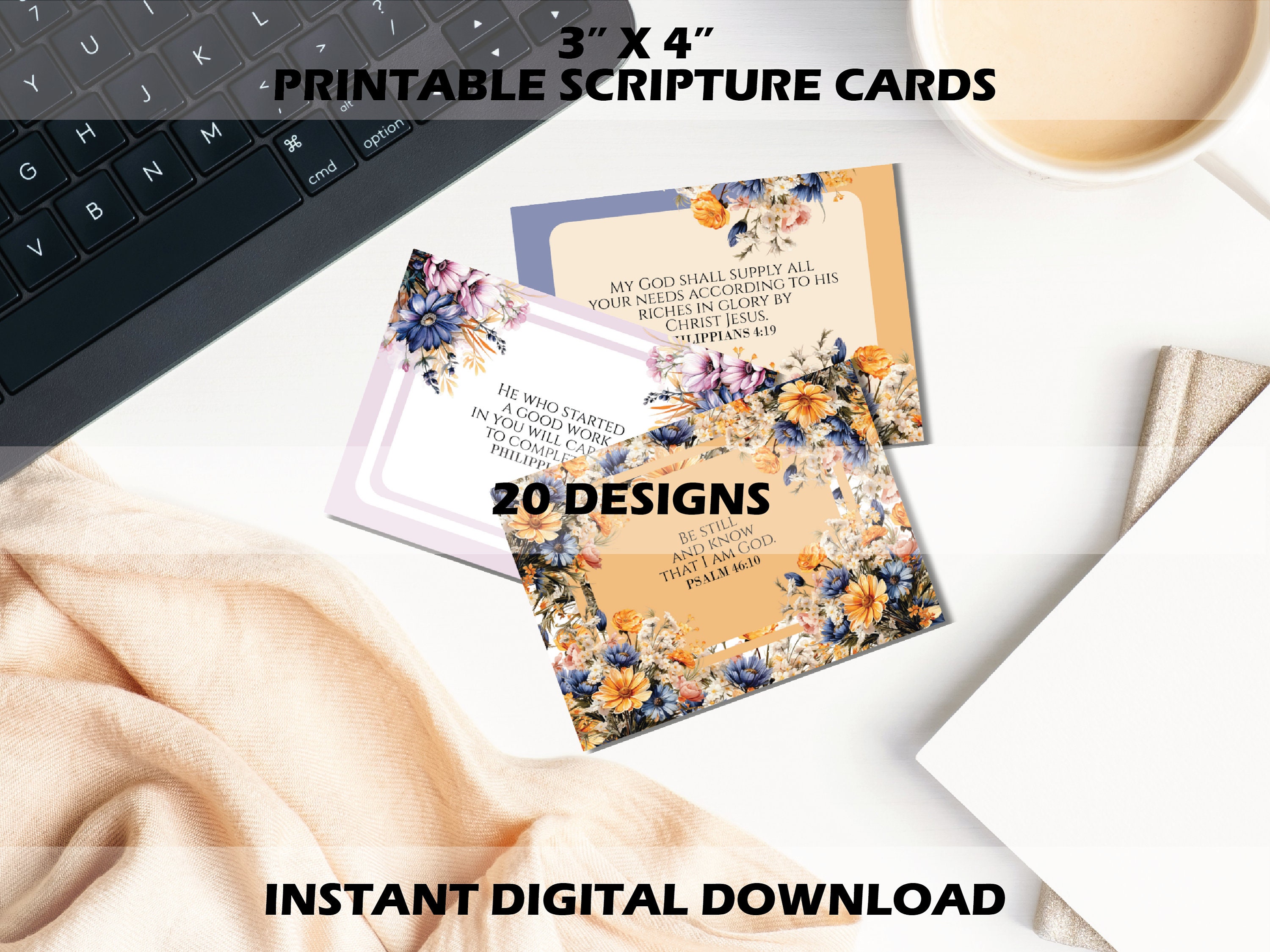20 Mini Bible Insert Cards With Blue, Yellow and Pink Watercolor ...