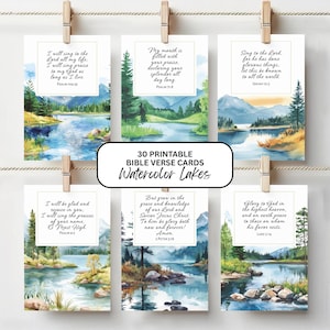 30 Praise & Worship Bible Verse Cards 4x6 Printable, Watercolor Lake Scripture Wall Art, Christian Devotional Cards PDF and PNG Download