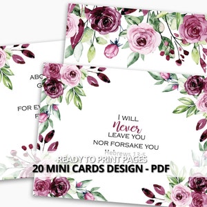 Op de afbeelding: Printbare set van 20 mini-kaarten met een bloemmotief met bordeauxrode en roze rozen en groene bladeren. De kaarten bevatten de tekst "Ik zal je nooit verlaten, noch je in de steek laten" met de Bijbelverwijzing "Hebreeën 13:5".