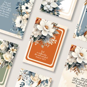 Cartões de versículos bíblicos, cartões de arranjo de flores brancas em aquarela com detalhes em azul e laranja, conjunto de cartões de anotações, baralho de escrituras para impressão