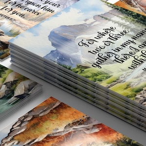 10 afdrukbare berglandschap bijbelvers affirmaties art print kaarten, geloof geïnspireerde aquarel natuur bijbelverzen cadeau voor gelovigen