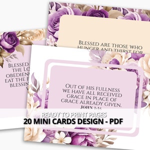 20 tarjetas de versículos bíblicos con ramos de acuarela de flores de color crema púrpura, tarjeta de notas de regalo cristiano alentadora imprimible, citas religiosas