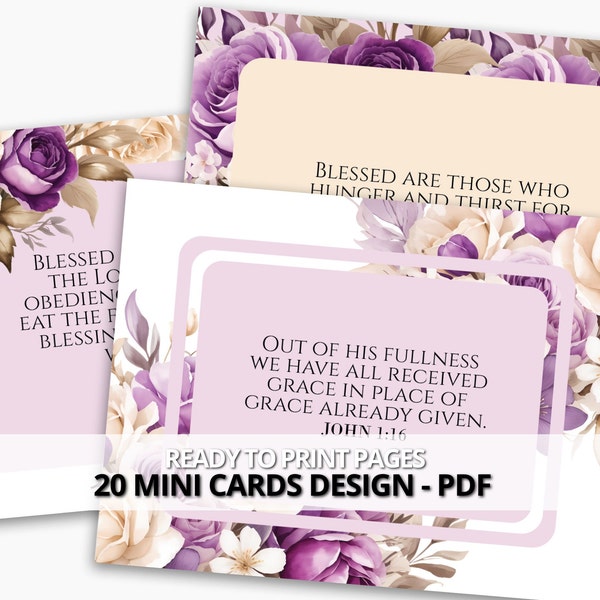 20 Bible Verse Cards with Purple Cream Flower Watercolor Bouquets, Encouraging Christian Gift Notecard Printable, Religious Quotes