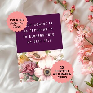 Cartes d'affirmation de pleine conscience, citations inspirantes pour la croissance, aquarelle florale amour de soi PNG PDF, assortiment de cartes d'encouragement marron