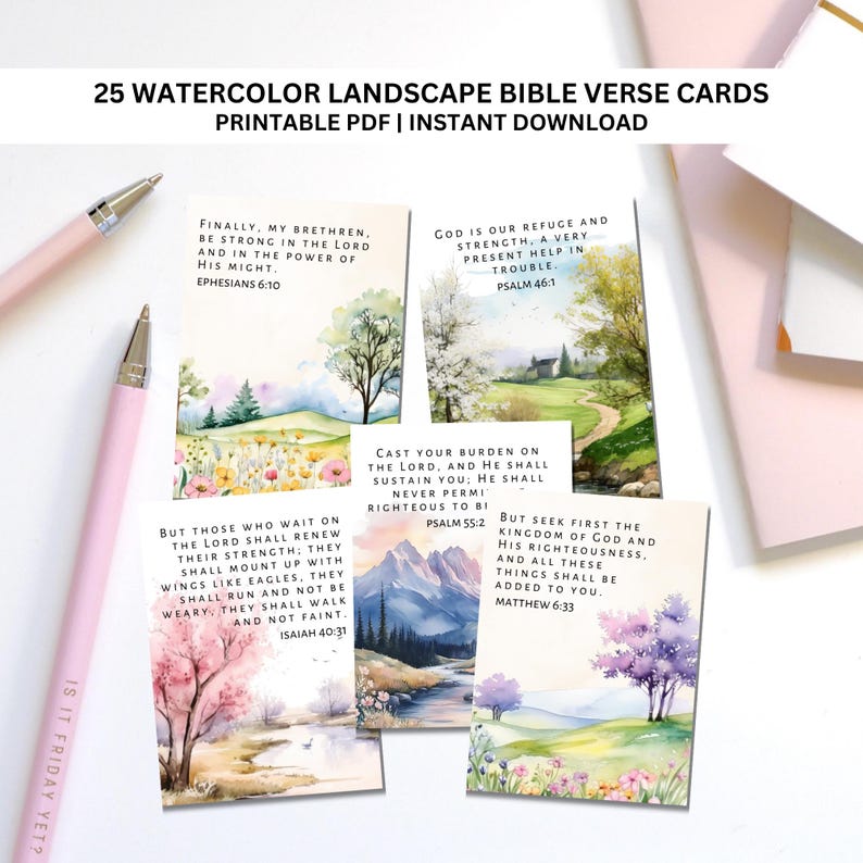 Scriptures Watercolour Watercolor Bible Verse Cards: Spring Landscape, Faith & Strength ...