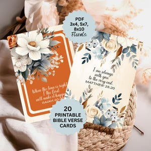Cartões de versículos bíblicos, cartões de arranjo de flores brancas em aquarela com detalhes em azul e laranja, conjunto de cartões de anotações, baralho de escrituras para impressão