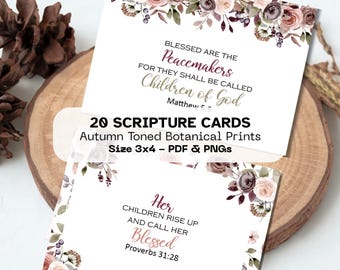 Autumn Floral Prayer Cards, Printable Bible Journal Cards with Mocha Beige Watercolor Rustic Bouquets