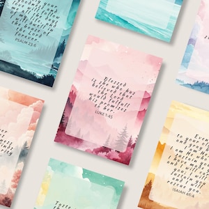 Conjunto de cartões de escrituras da natureza em tons pastel, cartões de versículos bíblicos para impressão com paisagem em aquarela, pacote de mini cartões de diário bíblico para presente, impressão