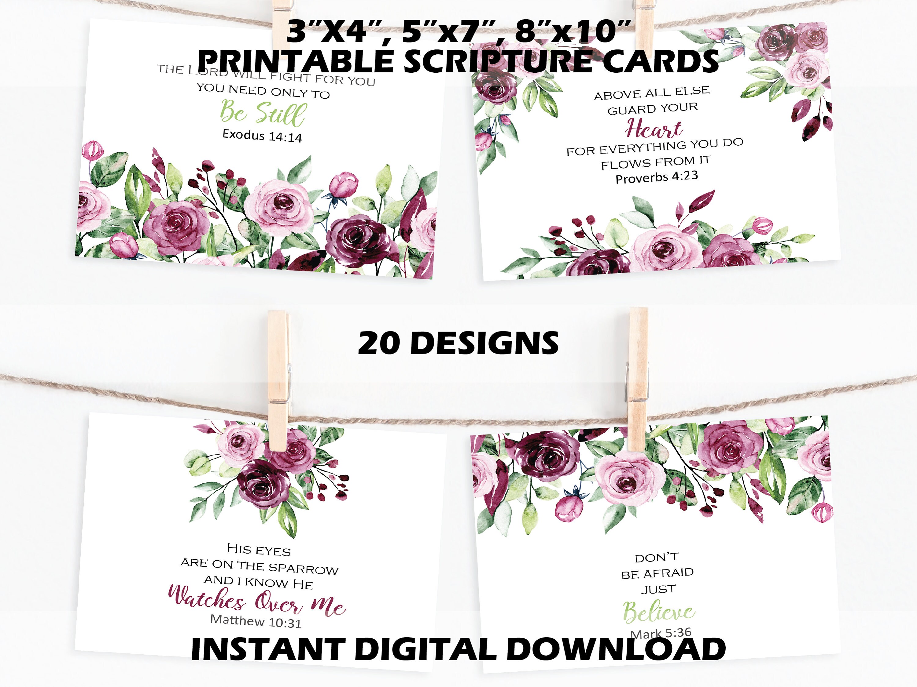 Printable Scripture Cards, Burgundy Watercolor Bible Verse Card Set ...