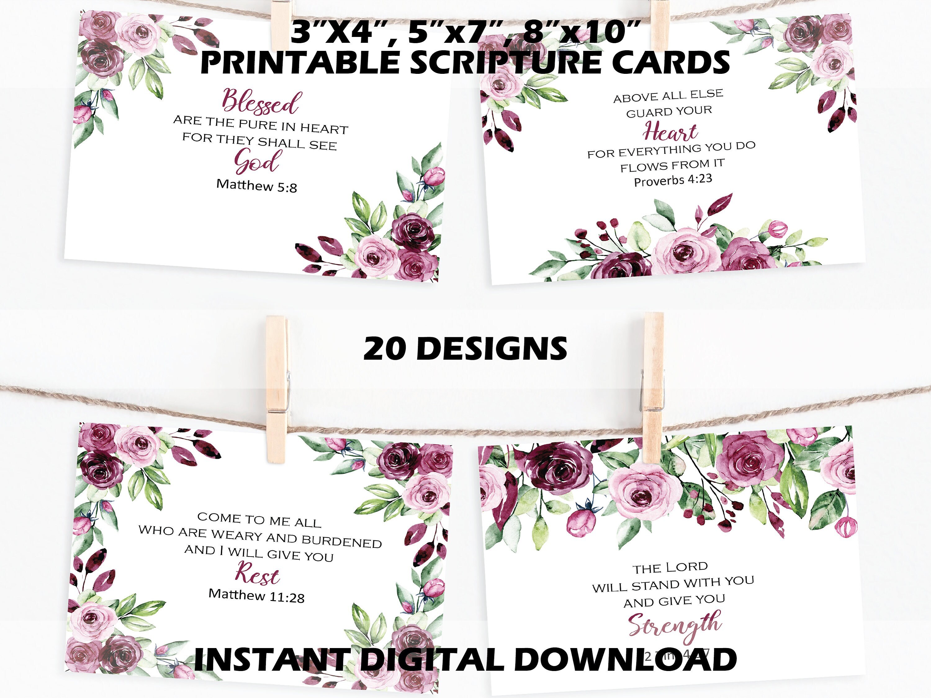 Printable Scripture Cards, Burgundy Watercolor Bible Verse Card Set ...
