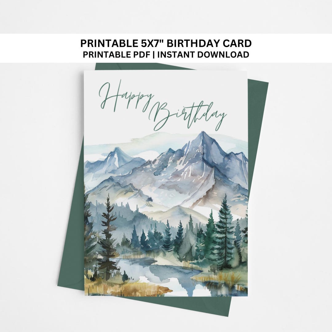 Watercolor Mountain Birthday Card: Green Landscape Design (PDF) - Etsy