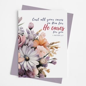 Printable Christian Card with Floral Bible Verse: 5x7 Scripture Encouragement Bouquet Print Lavender Peach (PDF Download)