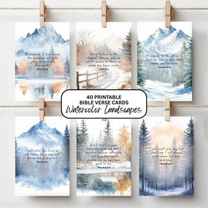 40 Bible Verse Cards Praise & Faith Printable, 4x6 Blue Winter Watercolor Scripture Prints, Snowy Christian Encouragement Digital Download