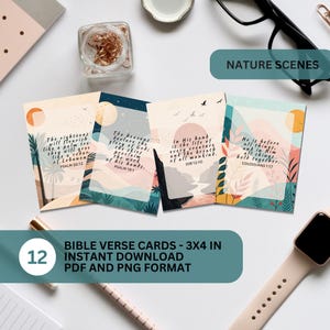 Conjunto de cartões de escrituras da natureza, cartões de versículos bíblicos para impressão com paisagem boho em aquarela, pacote de mini cartões de diário bíblico, cartões de quadro de oração