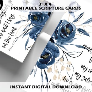 Schriftspeicherkarten mit blauem und goldenem Blumenarrangement, druckbares Aquarell Affirmationskartenset mit Bibelversen zur Ermutigung