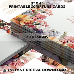 20 minitarjetas bíblicas con estampado de flores silvestres en acuarela malva, amarilla y rosa. Juego de cartas con versículos para memorizar y citas bíblicas.
