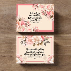 Tarjetas de las Escrituras con flores en acuarela: Tarjetas de regalo cristianas (descarga digital), ramos rosas y notas de amor