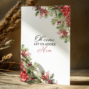 Oh Come Let Us Adore Him Christmas Printable Wall Art – Festive Holiday Decor with Red and Green Floral Accents, Trendy Instant Download