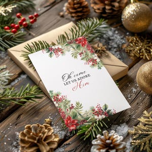 Oh Come Let Us Adore Him Christmas Printable Wall Art – Festive Holiday Decor with Red and Green Floral Accents, Trendy Instant Download