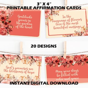 Mini cartões de afirmação de natureza e beleza com aquarela floral de outono, amor próprio positivo e encorajador, cartão de presente cristão para impressão