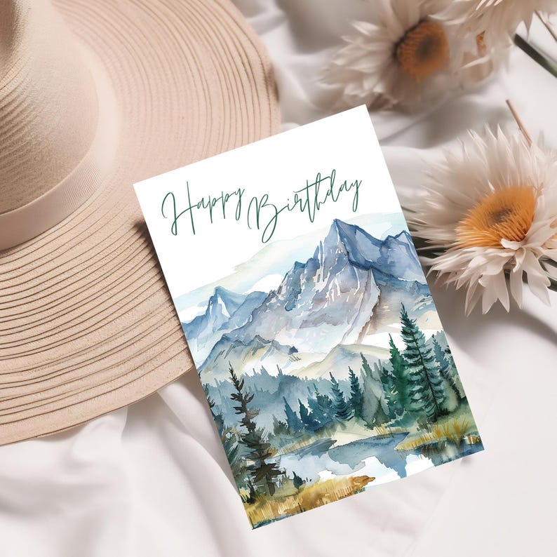 Watercolor Mountain Birthday Card: Green Landscape Design (PDF) - Etsy