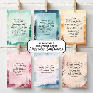 Karty z wersetami biblijnymi w akwarelowym krajobrazie: Zestaw mini kart z wersetami biblijnymi w pastelowych kolorach (do druku)