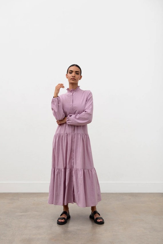 Lilac Buttoned Maxi Dress Women s Long Sleeve Dress Tiered Cotton