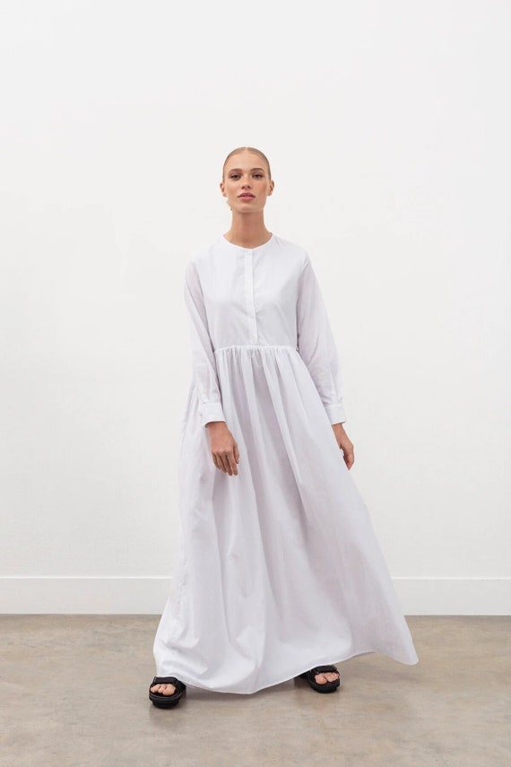 White Maxi Cotton Shirt Dress Women s Long Sleeve Dress Modest