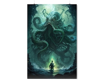 Introducing our dark and mysterious H.P. Lovecraft Cthulhu rising from the depths poster