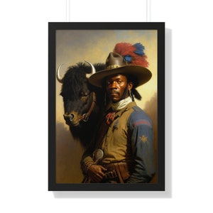 Introducing our beautifully framed poster featuring the iconic image of a buffalo soldier