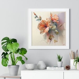 This framed poster features a beautiful image of a flower painted in the distinct style of watercolor artist Jean Haines