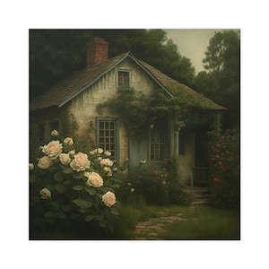 Introducing our stunning oil painting poster of a vintage cottage with a rose garden