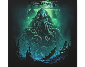 Introducing our stunning watercolor canvas featuring the iconic creature of cosmic horror - Cthulhu