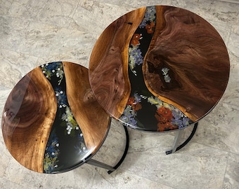 epoxy resin, floral and walnut nesting tables