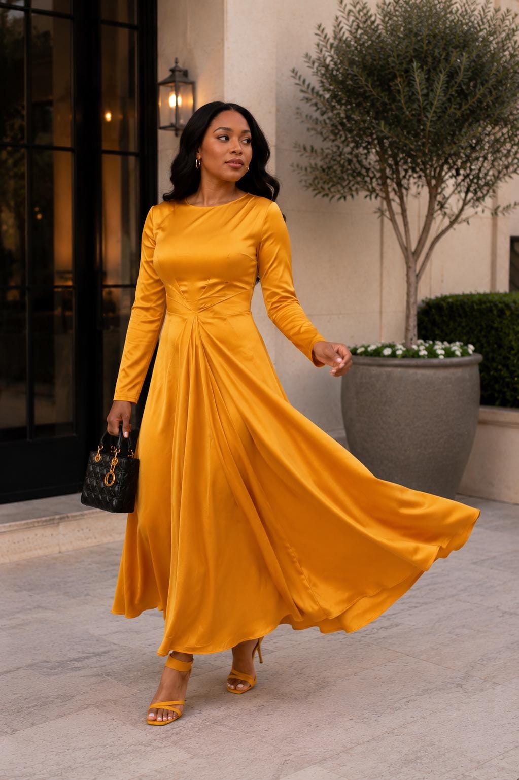 gold satin dress with sleeves Long Sleeve elegant satin dresses with sleeves
