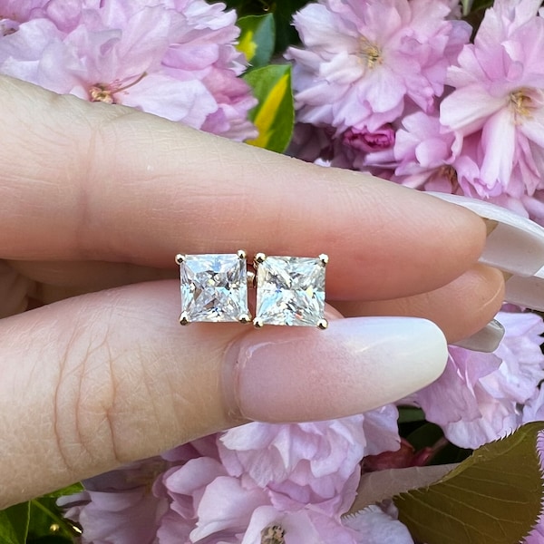 GRA Certified 1.00 ct to 20.00 ct Princess Cut Moissanite Stud Earrings in Basket Setting Available in Push Back and Screw Back