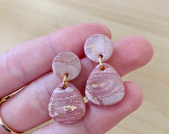 Handmade pink sparkle polymer clay earrings marbled resin coated jewellery lightweight dangle earrings
