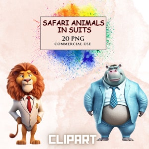 Safari Animal Clipart: Dapper Wildlife in Suits do rękodzieła, użytku komercyjnego i projektów DIY. Dołączono wysokiej jakości pliki PNG, cliparty z kreskówek