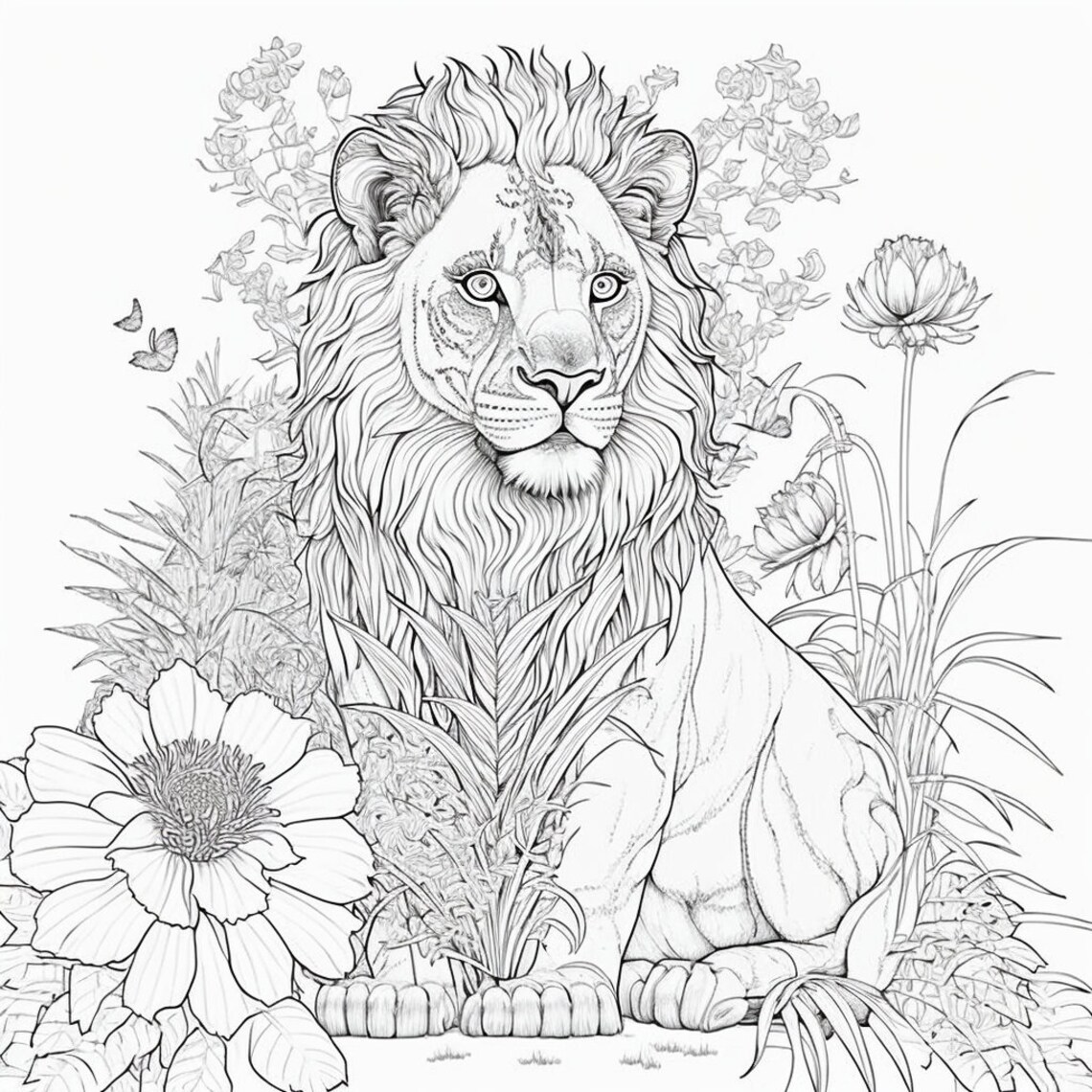 20 Adult Coloring Pages of Lions and Flowers, Relaxing, Hobby, - Etsy