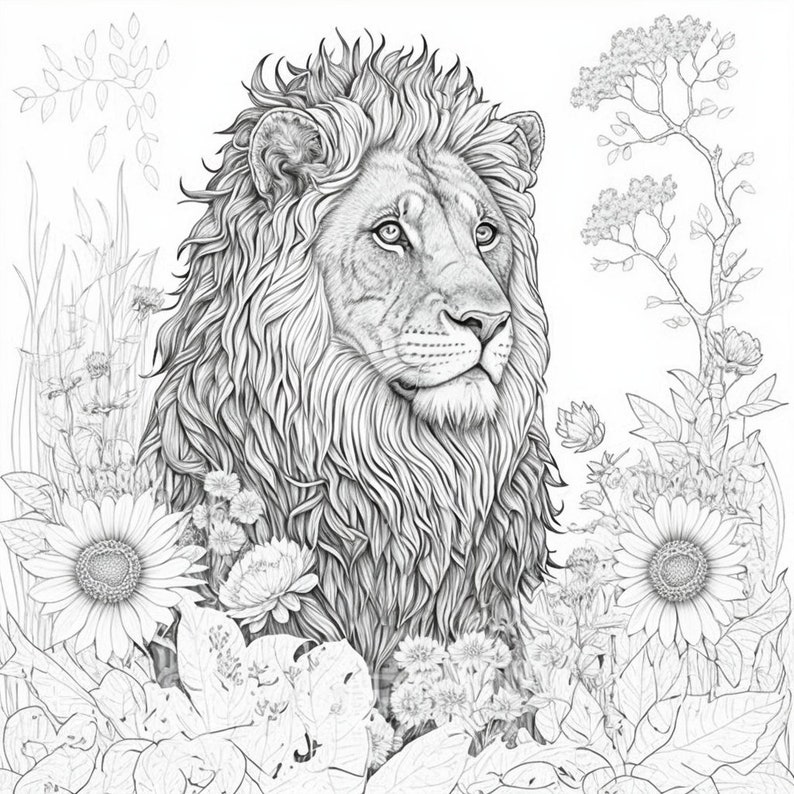 20 Adult Coloring Pages of Lions and Flowers, Relaxing, Hobby, Etsy