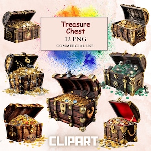 Cofre del tesoro Clipart PNG Bundle, Elementos de Scrapbooking Digital, Clipart Pirata, Sublimación, Clipart de Diario Basura, Imágenes Prediseñadas de Scrapbook