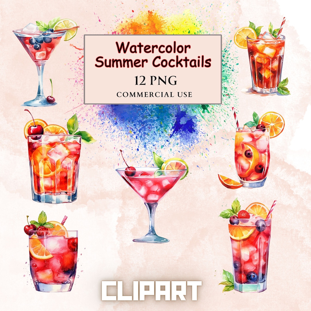 Watercolor Summer Cocktail Clipart PNG Bundle, Watercolor Digital ...