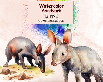 Watercolor Aardvark Clipart PNG Bundle, Digital Scrapbooking Elements, Animal Clipart, Sublimation, Junk Journal Clipart, Scrapbook clipart