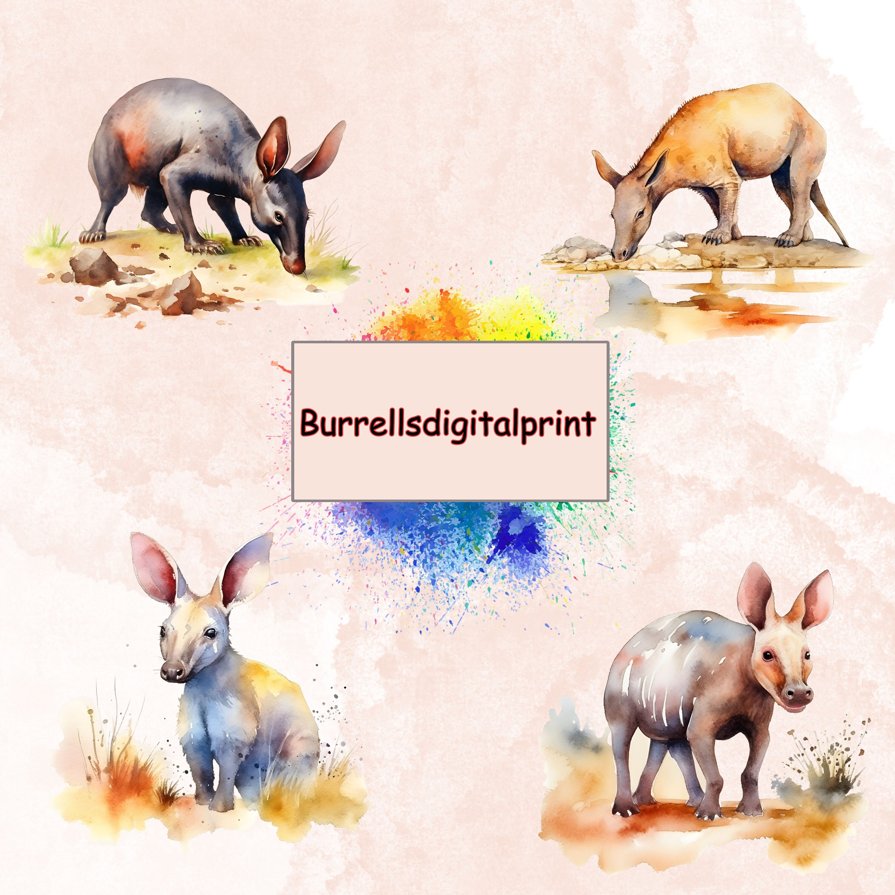 Watercolor Aardvark Clipart PNG Bundle, Digital Scrapbooking Elements ...