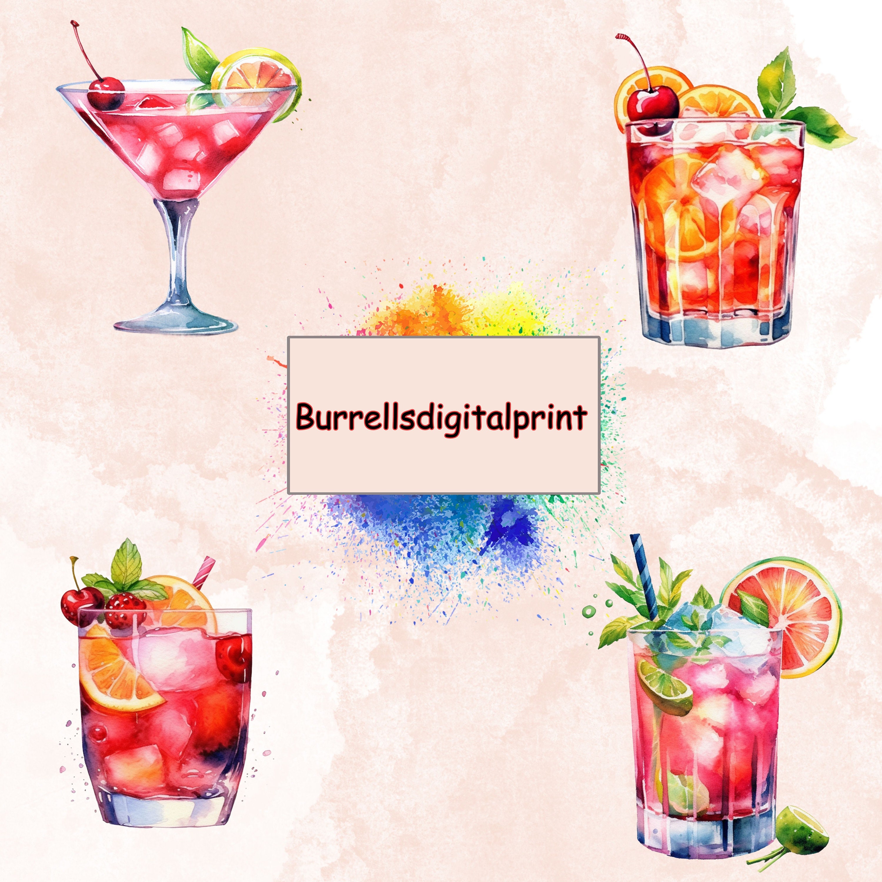 Watercolor Summer Cocktail Clipart PNG Bundle, Watercolor Digital ...